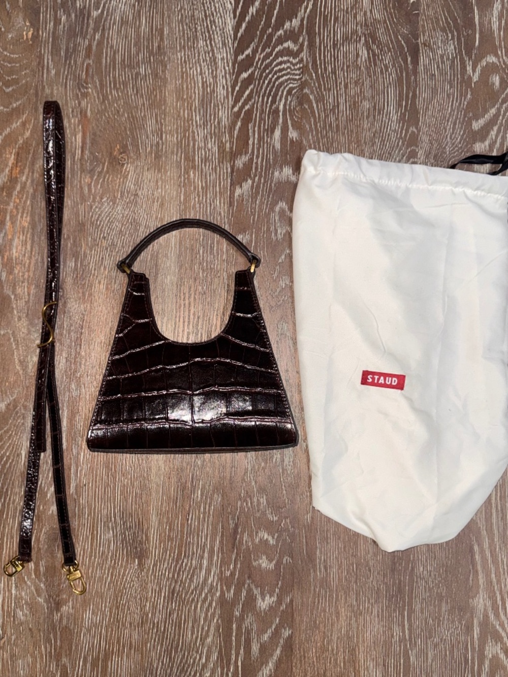 STAUD Mini Rey Croc Embossed crossbody top handle Bag Chocolate Brown NWOT